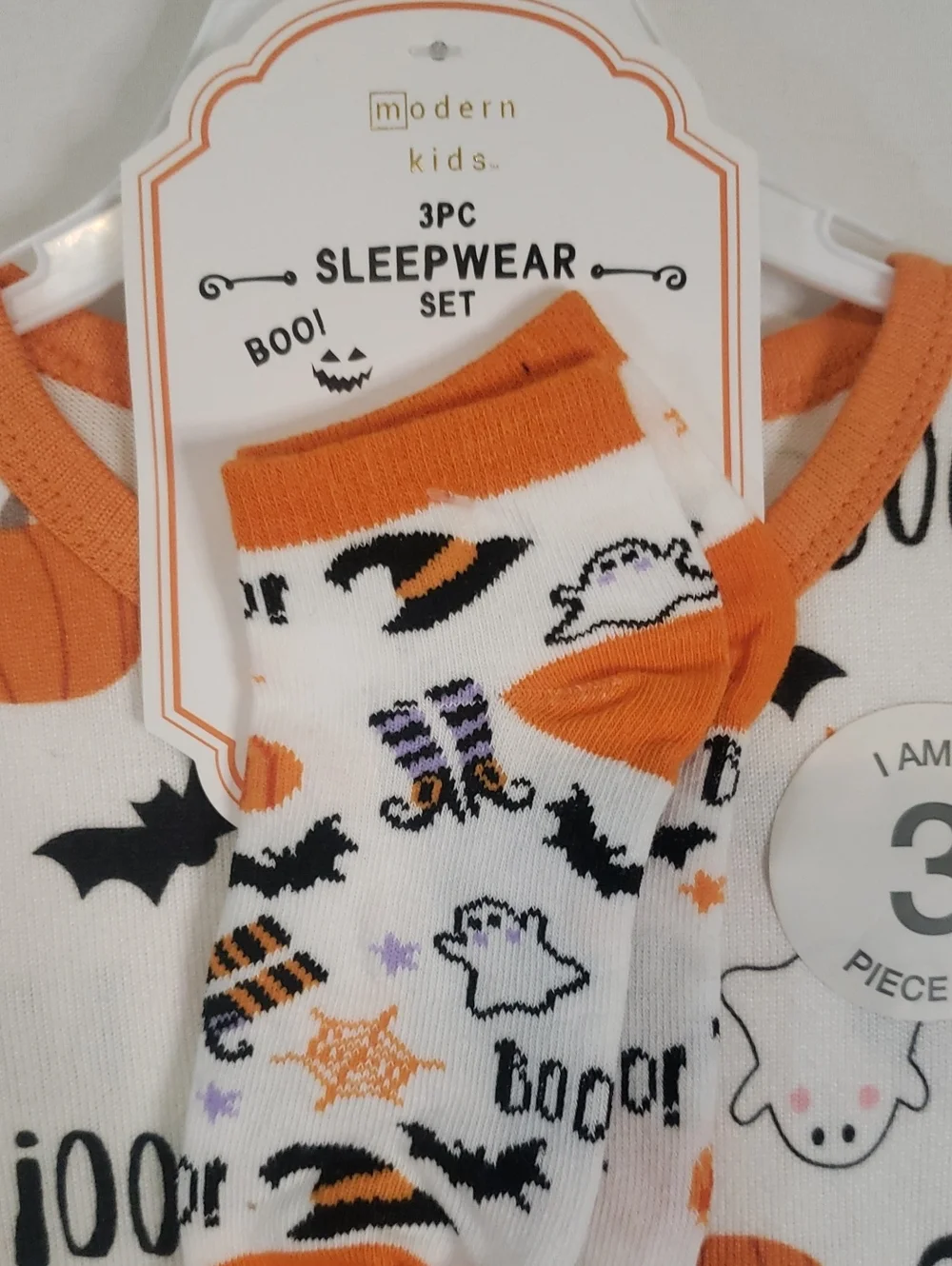 Modern Kids Halloween 3 Piece Sleepwear Ser - Ivory/Orange Ghost Print